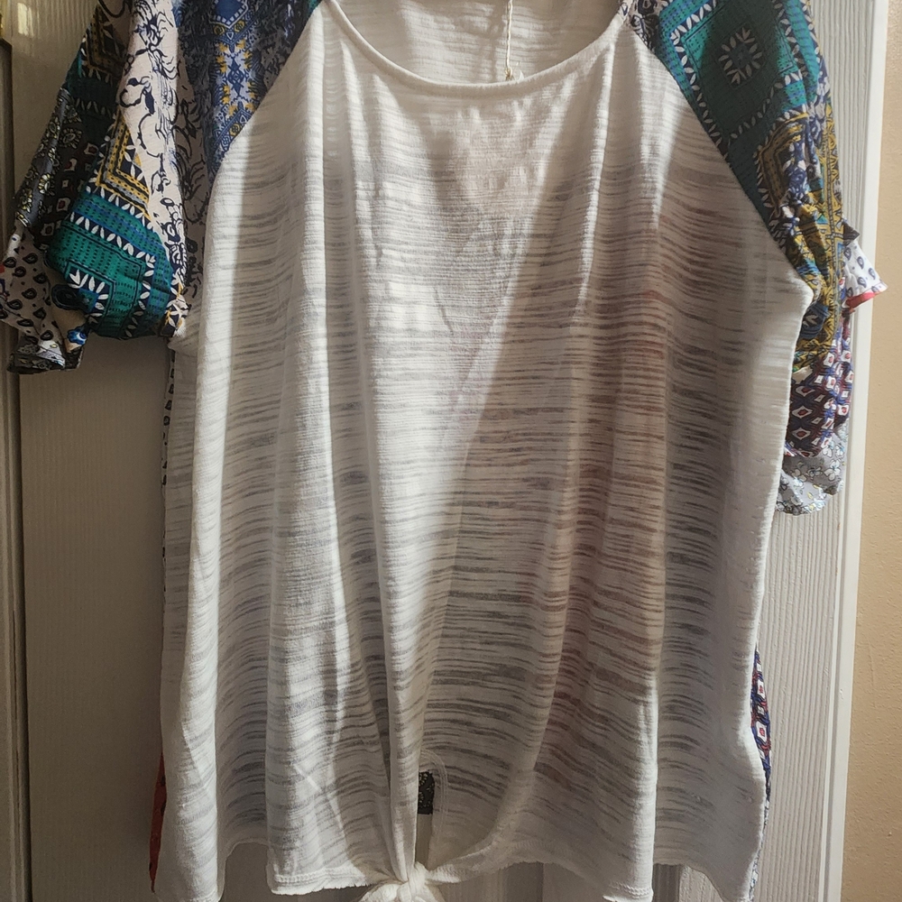 Umgee White Top with Colorful Patterned Sleeves
